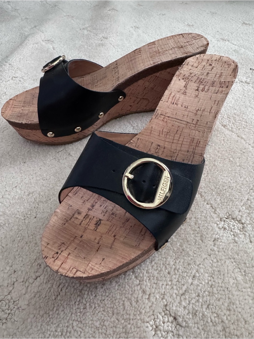 Tommy Hilfiger Black Cork Wedge Slides with Gold Buckle